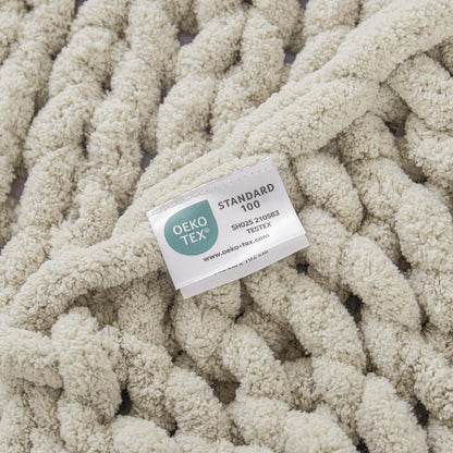 WESHIONGOO Chunky Knit Blanket Throw 40"×40" Knitted Throw Blankets for Couch Bed Fluffy Soft Blanket with Jumbo Chenille Yarn Thick 100% Handmade (Linen)