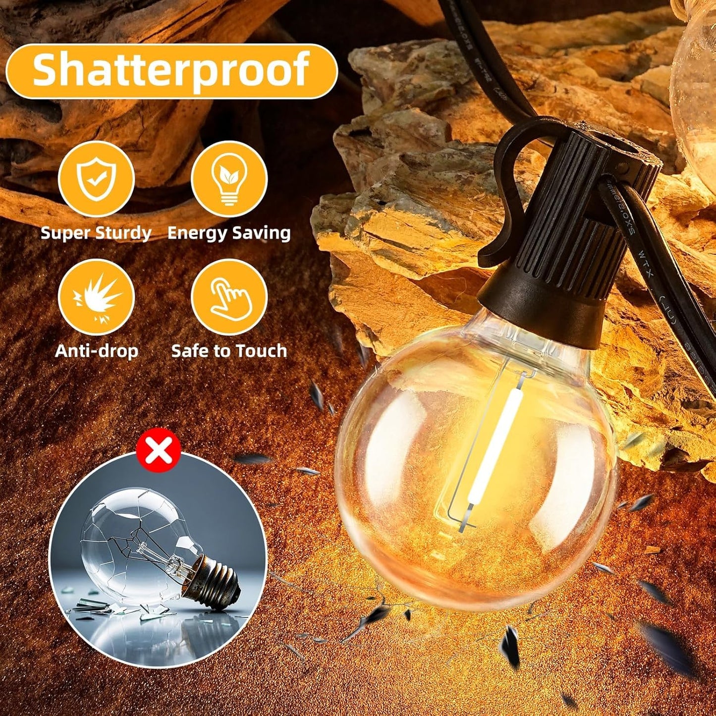 100FT G40 LED Outdoor String Lights with 50 Shatterproof Bulbs + 2 Spares, E12 Socket, 2700K Warm White, Weatherproof Black Cable, for Patio, Backyard, Wedding, Party, Porch, Deck, Gazebo, Camping