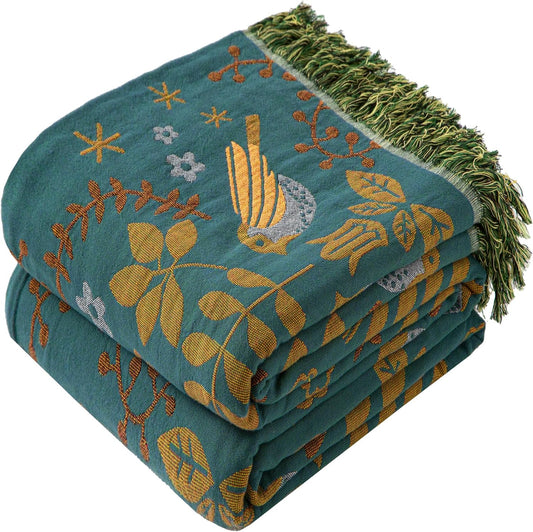 Boho Throw Blanket Full Size, Extra Large Soft Cozy Cotton Muslin Quilt Blanket for Bed Decor, Bird Patterned Couch Sofa Chair Cover, Vintage Farmhouse Cottage Woven Blanket, Green&Beige