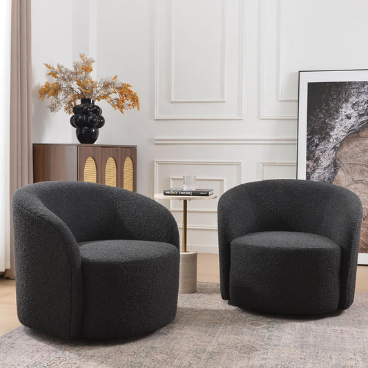 KINWELL 34" W Swivel Barrel Chair Set of 2, Mid Century Modern Round Upholstered Boucle Swivel