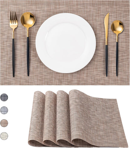 CADONO Placemats Set of 4 Washable Indoor/Outdoor Vinyl Place Mats for Dining Table Durable Non-Slip Heat Resistant PVC Weave Table Mats（Khaki）