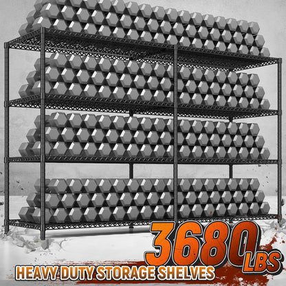 REIBII 81.5''W Storage Shelves 3680LBS Garage Shelving Heavy Duty 4 Tier Metal Shelving Unit Adjustable Wire Shelf and Storage Pantry Shelves for Kitchen Garage，81.5Wx23.62Dx70.86H，Black