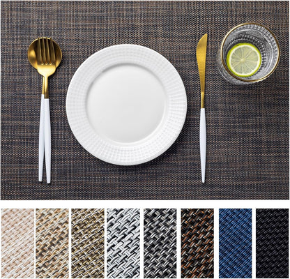 LEXMORE Placemats Set of 6 Vinyl/Plastic Woven Place Mats for Kitchen Table Indoor/Outdoor Washable Placemat Wipeable Dining Table Mats(Black/Brown)
