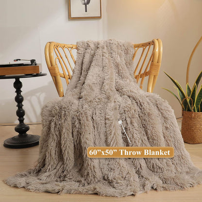 XeGe Luxury Faux Fur Throw, Soft 50x60 Fluffy Blanket, Shaggy Plush Decorative Couch Blanket, Winter Fall Cute Fuzzy Furry Lap Throw for Office Bedroom Living Room Khaki