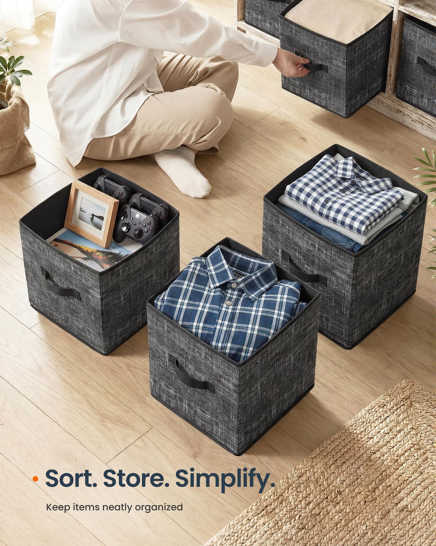 SONGMICS HOME Foldable Storage Cubes Set of 8, Fabric Shelf Organizer Bins with Handles, Closet