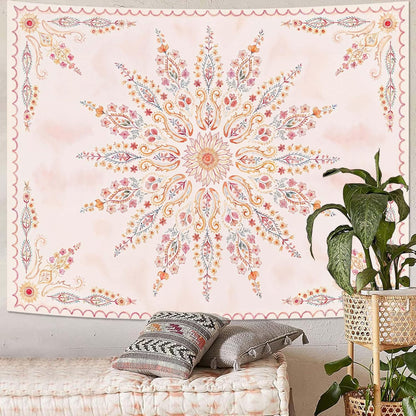 Fowocu Boho Floral Mandala Tapestry for Bedroom Aesthetic Pink Bohemian Flower Wall Tapestry Watercolor Hippie Indian Tapestries Wall Hanging for Living Room Dorm Decor 60 x 44 Inch