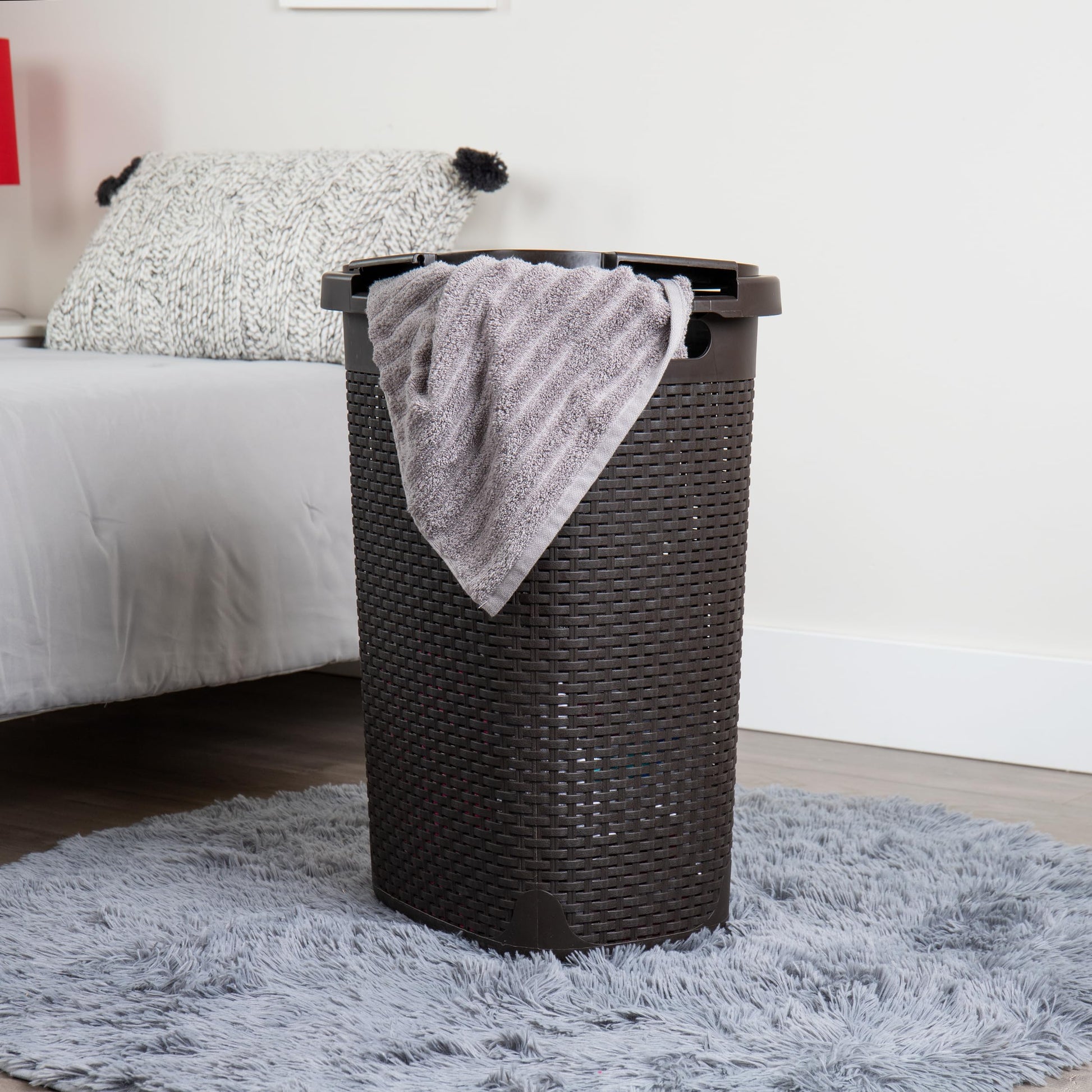 Mind Reader Slim Laundry Hamper with Lid, 60L Tall Clothes Basket, Narrow Tapered Design for