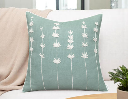 VAGMINE Hand Embroidered Daisy Accent Throw Pillow Cover - 18x18 Inches Square - 100% Cotton Light Teal Decorative Cushion Cover for Couch, Sofa, Bed - Textured Embroidery - Elegant Floral Home Décor