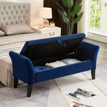 Furniliving Storage Ottoman Bench, Velvet Benches End of Bed Bench with Solid Wood Legs Upholstered Ottoman Bench with Storage Indoor Bench for Living Room with Rolled Arm, Entryway, NavyBlue