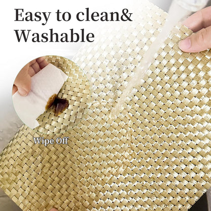 Vinyl Plastic Placemats Set of 4 Washable Heat Resistant Non-Slip Elegant Indoor Outdoor Kitchen Dining PVC Woven Table Place Mats (Gold Weaving)