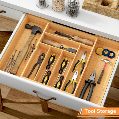 BAMEOS 3" Deepth Expandable Drawer Organizer, Deep Flatware Organizer, Adjustable Silverware Organizer, Bamboo Drawer Organizer for Kitchen, Bathroom (Natural)