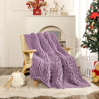 WESHIONGOO Chunky Knit Blanket Throw 50"×60" Knitted Throw Blankets for Couch Bed Fluffy Soft Blanket with Jumbo Chenille Yarn Thick 100% Handmade(Lilac)