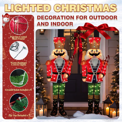5FT Lighted Nutcracker with Candy Cane for Christmas Decoration, 3D Pre-Lit Iridescent Soldier Xmas Decor with 100 Warm White Lights, Glittered Standing Holiday Display for Outdoor, Indoor