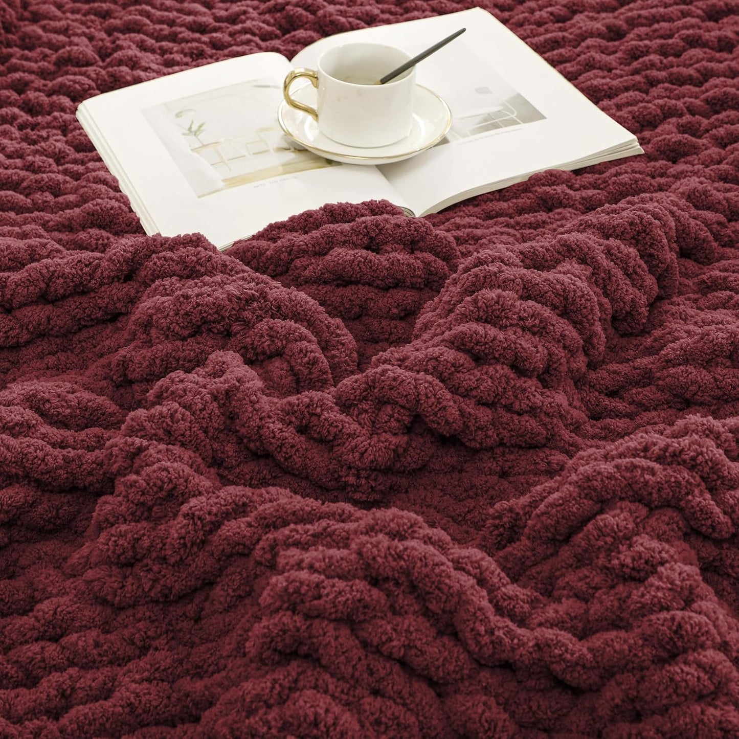 WESHIONGOO Chunky Knit Blanket Throw 40"×40" Knitted Throw Blankets for Couch Bed Fluffy Soft Blanket with Jumbo Chenille Yarn Thick 100% Handmade (Burgundy Red)