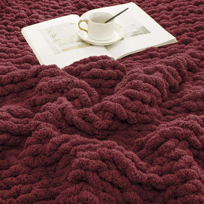 WESHIONGOO Chunky Knit Blanket Throw 40"×40" Knitted Throw Blankets for Couch Bed Fluffy Soft Blanket with Jumbo Chenille Yarn Thick 100% Handmade (Burgundy Red)