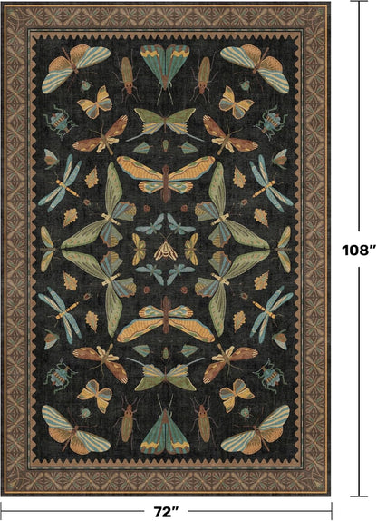 Living Room Rug Black Boho 6x9 - Dining Room Rugs for Under Table, Bedroom, Insect Bug Eclectic Home Décor, Washable Non Slip Foldable