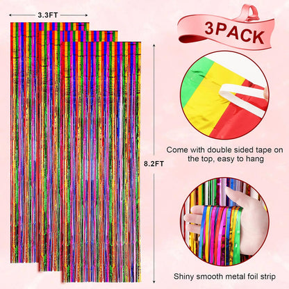 3 Pack 3.3x8.2 Feet Rainbow Foil Fringe Backdrop Curtains, Tinsel Streamers Birthday Party Decorations, Fringe Backdrop for Graduation, Baby Shower, Gender Reveal, Disco Party