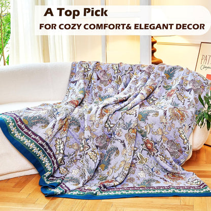 Boho Throw Blanket 91" x 98", 100% Organic Cotton Breathable Ultra Soft Bed Purple Quilt Throw - All Season Luxury Floral Farmhouse Decor Blanket for Sofa Couch Chair and Gift.