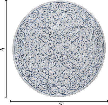 JONATHAN Y Vintage Filigree Indoor Outdoor Round Area Rug 4 Ft Gray/Navy, Charleston Textured Weave for Backyard, Patio, Porch, Easy-Cleaning, High Traffic, Pet-Friendly, Non-Shedding (SMB106C-4R)