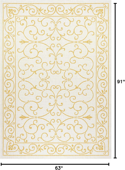 JONATHAN Y Vintage Filigree Indoor Outdoor Area Rug 5X8 Cream/Yellow, Charleston Textured Weave for Backyard, Patio, Porch, Easy-Cleaning, High Traffic, Pet-Friendly, Non-Shedding (SMB106M-5)