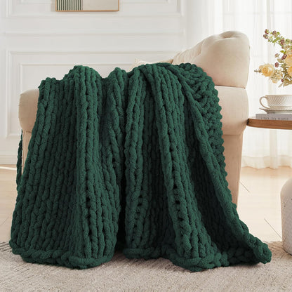 Carriediosa Chunky Knit Throw Blanket 50" X 60", 100% Hand Made Large Chenille Loop Yarn Soft Fluffy Throws for Couch Sofa Bed, Big Crochet Cozy Heavy Thick Cable Woven Blankets, Dark Green