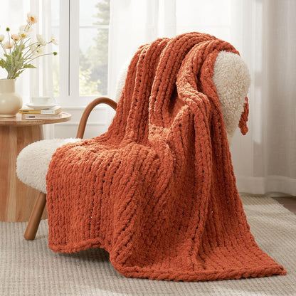 Amélie Home Chunky Knit Throw Blanket for Couch, Soft Chenille Crochet Blanket for Sofa, 50"x60", Burnt Orange