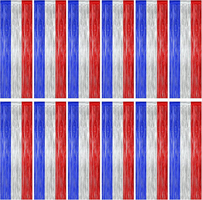 12 Pack 4th of July Decorations, 3.28 FT x 7.05 FT Patriotic Tinsel Backdrop, Metallic Blue Silver Red Fringe Curtains Party Streamer Foil Backdrop, Independence Day Party Supplies Patriotic Decor