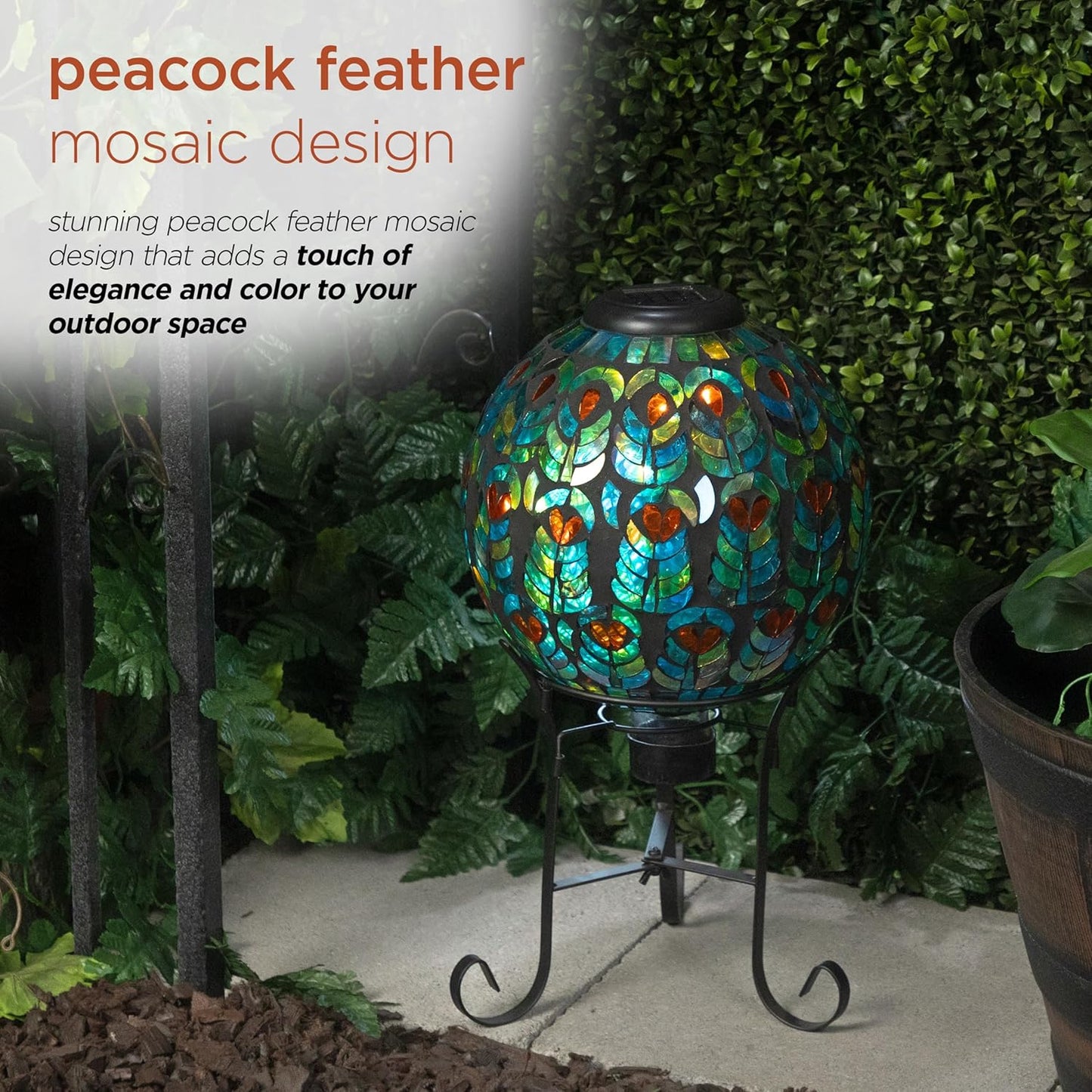 Alpine Corporation GRS926A-SLR Solar Gazing Globe w/Mosaic Peacock Feather Design & Metal Stand, Elegant Yard Art, 12" H, Multi