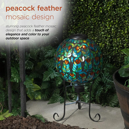 Alpine Corporation GRS926A-SLR Solar Gazing Globe w/Mosaic Peacock Feather Design & Metal Stand, Elegant Yard Art, 12" H, Multi