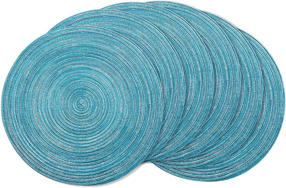 AHHFSMEI Round Braided Placemats Set of 6 Round Table Mats for Dining Tables Natural Woven Heat Resistant Place mats 15 Inch (Blue Silver)