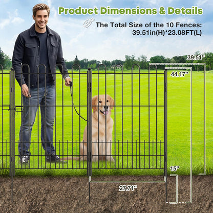 10 Panels Decorative Garden Fence with U-Shape and Latch Gate, 39.51 in(H) X 23.08 ft(L) Dog Fence Outdoor for Yard Security, Garden Fencing Includes Deep Stakes