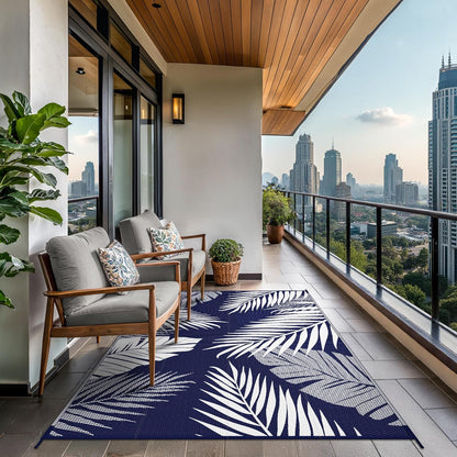 GENIMO Outdoor Rug 8' x 10' Waterproof for Patios Clearance, Reversible Outdoor Plastic Straw Camping Rug Carpet, Large Area Rugs Mats for RV, Camper, Deck, Balcony, Porch, Beach, Navy Blue&White