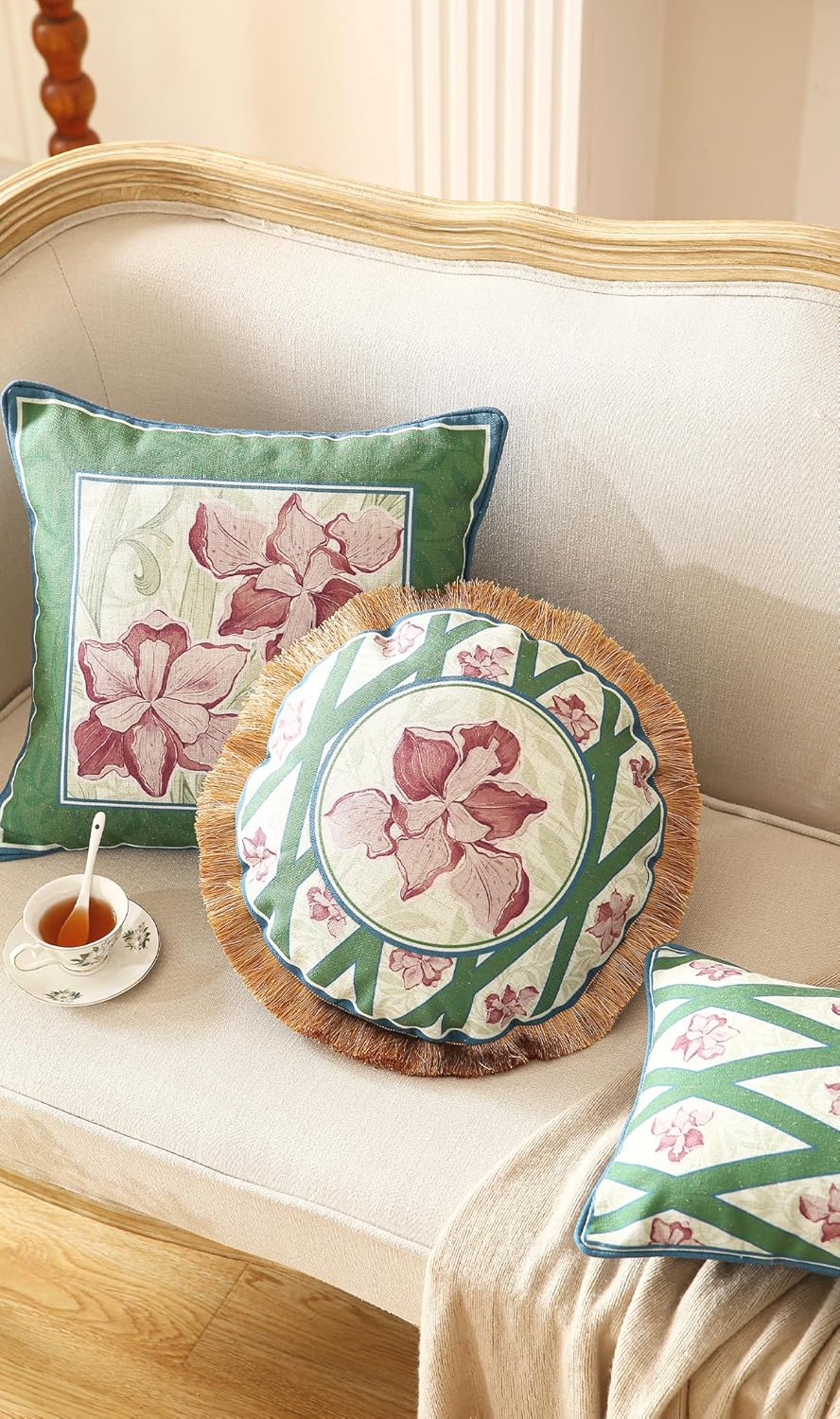 patdrea Designer Throw Pillow Covers Set of 4,French Elegant Green Linen with Iris Floral Collection Pattern Pillow Covers,Decorative Lumbar Square Round Pillowcases Cushion for Bed Living Room