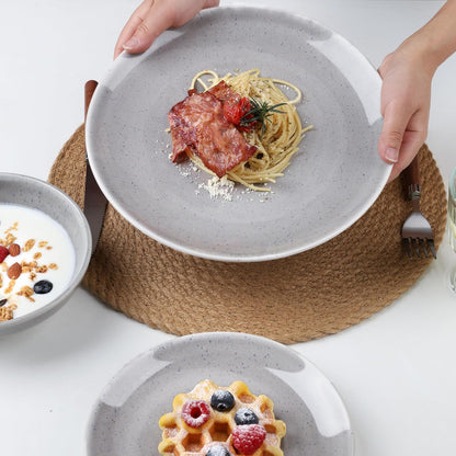 CQN&ZXD Ceramic Plates and Bowls Sets, 12 Pieces, Hand-Crafted Dishes set for 4 with Gradient Reactive-Glaze, Microwave & Dishwasher Safe Dinnerware Sets, Modern Style, Velvet Grey & Meteor Blue