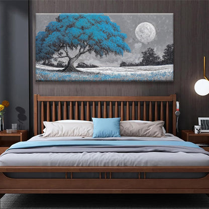 TAIJXAGSG Wall Art Blue Tree Moon Picture Canvas Art Wall Decor Artwork Abstract Canvas Print Painting Nature For Living Room Bedroom Bathroom Office Home Wall Decor 29"X 58"Can Be Hung Directly