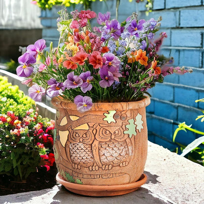 Ceramic Pot with Drainage Hole and Saucer, Plant Pots, Modern Decorative Planters for House Plants Indoor Flowers Plants, Cute Flower Pot - Gifts (Owls (1.6 L))
