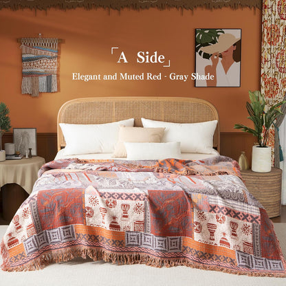 Boho Throw Blanket Twin Size, Soft Cozy Cotton Muslin Quilt Blanket for Bed Decor, Patchwork Block Couch Sofa Chair Cover, Vintage Farmhouse Cottage Tapestry Woven Blanket, Red&Orange