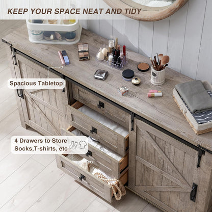 T4TREAM 60'' Farmhouse Dresser Chests for Bedroom w/4 Drawers & Sliding Barn Doors, Tall Chest of Drawers, Rustic Dresser TV Stand,Organizer for Bedroom, Living Room, Light Rustic Oak