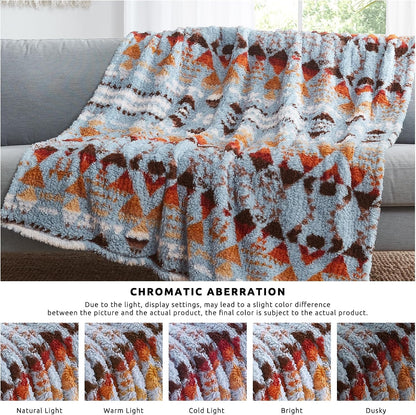 CASAAGUSTO Boho Sherpa Throw Blanket, Aztec Throw Blanket, Ultra Soft, Warm, Cozy, Plush, Thick Fleece Bohemian Blanket for Couch, Bed, Sofa (Blue Grey 50 * 60 Inch)