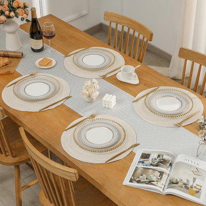 Leetaltree Round Placemats Heat and Slip Resistant Cotton Table Mats, Washable Bohemian Placemats for Dining Tables (White Beige, Set of 12)