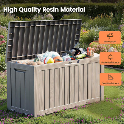 75 Gallon Outdoor Storage Box - Waterproof Resin Deck Box for Patio Cushions & Garden Tools - Lockable Indoor/Outdoor Storage Bin - Stylish Grey Design