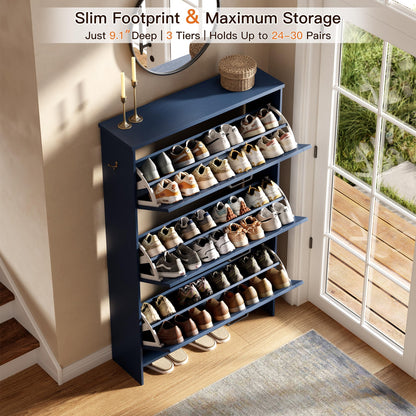 Nicetree Farmhouse Blue Shoe Cabinet – Ultra Slim 3-Drawer Flip Organizer with Shaker Barn Door