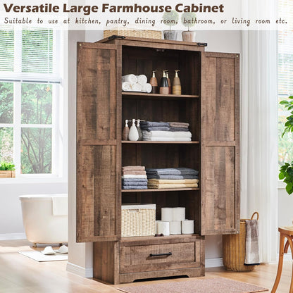 72" Tall Wood Storage Cabinet, Farmhouse Kitchen Pantry Cabinet with Adjustable Shelves & Drawer & Barn Doors, Versatile Storage for Kitchen, Dining Room, Bathroom, Light Brown