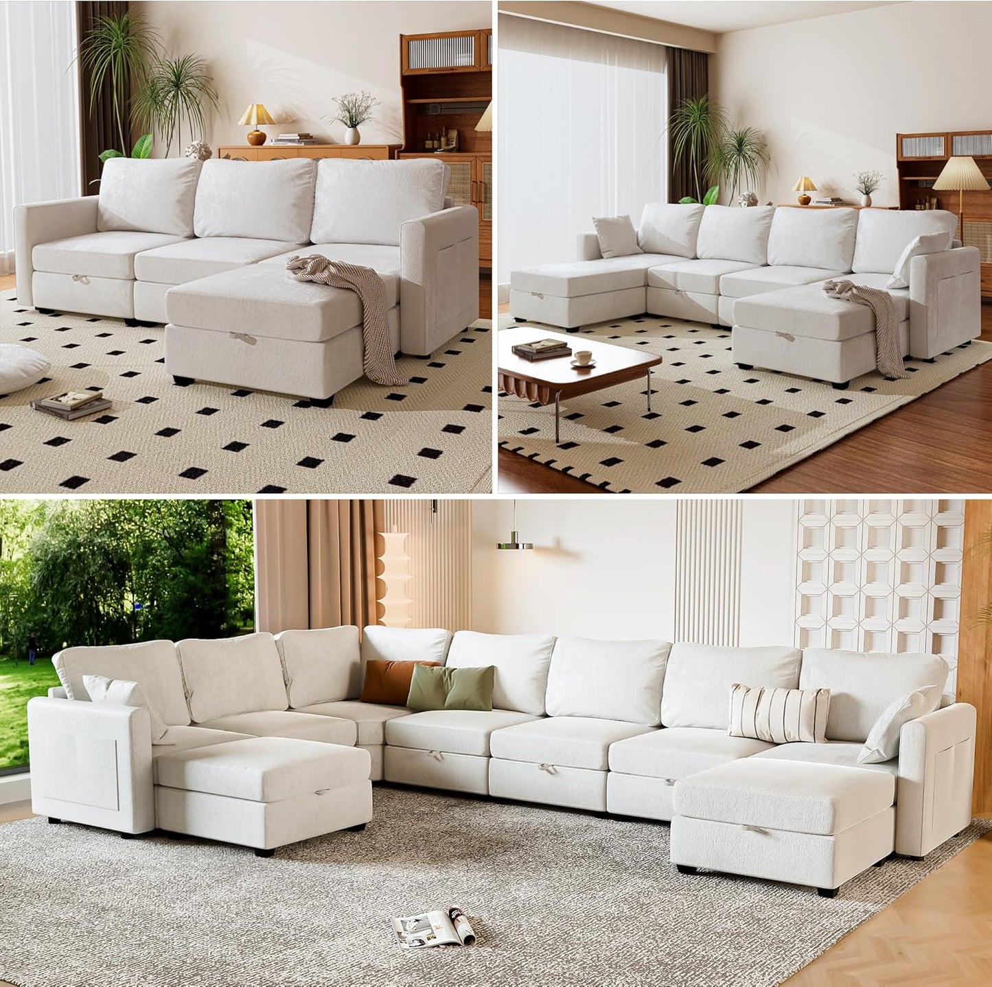 mestyl Modular Sectional Sofa Convertible U Shaped Sofa Couch Set with Storage for Living Room, Modern 4 Seater Modular Sectional Couch with 2 Movable Ottoman (Beige)