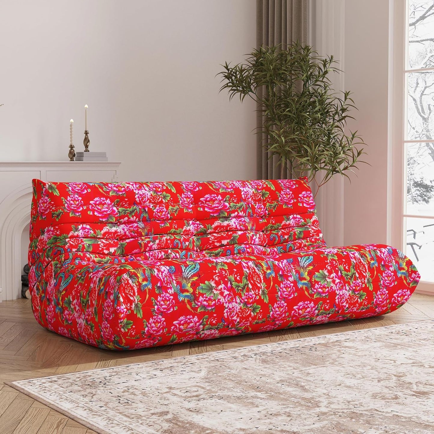 Big Bean Bag Chairs for Adults, 3 Seater Large Bean Bag Sofa, Fireside Chair Lazy Sofa Chair with High Density Comfortable Foam, Modern Bean Bag for Living Room, Bedroom, Office (Flower)