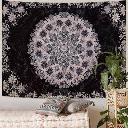 Fowocu Boho Floral Mandala Tapestry Wall Hanging Grey Bohemian Flower Medallion Tapestry Aesthetic Gray Black Hippie Indian Small Tapestries for Bedroom Living Room Dorm Decor 80 x 60 Inch
