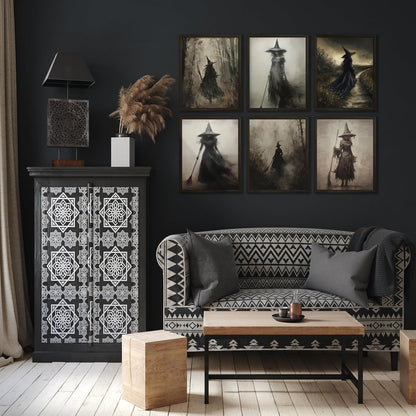 LANCHI95 6 Pcs 8x10in Vintage Rustic Witch Posters Halloween Wall Art Witch in The Forest Painting Prints Goth Dark Moody Wall Decor for Living Room Bedroom 8x10 in (UNFRAMED)