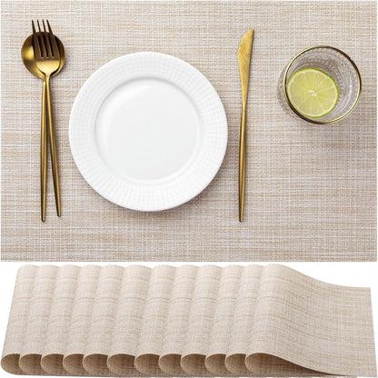LEXMORE Placemats Set of 12 Vinyl/Plastic Woven Place Mats for Kitchen Table Indoor/Outdoor Washable Placemat Wipeable Dining Table Mats(A-Beige)
