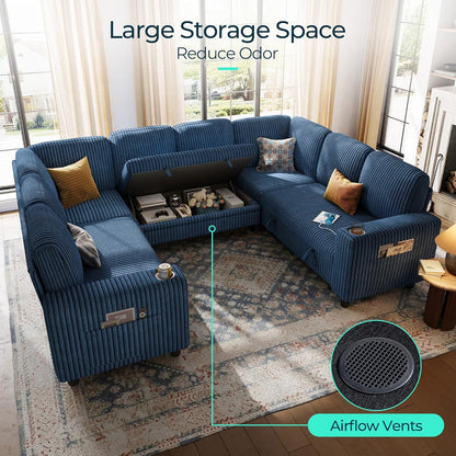 LINSY HOME Sectional Sleeper Sofa with Pull Out Couch Bed - Convertible Plush Corduroy Cloud Couch with Storage Chaise & USB Charging, Comfy Modular Couches for Living Room, Blue