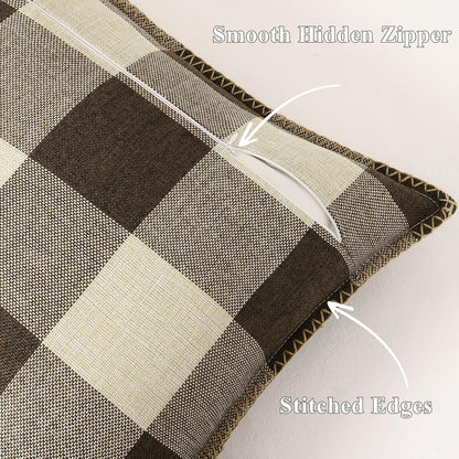 decorUhome Buffalo Plaid Check Throw Pillow Covers 22x22 Set of 2, Outdoor Decorative Farmhouse Neutral Pillow Covers with Stitched Edge for Bed Couch Sofa, Brown and Beige